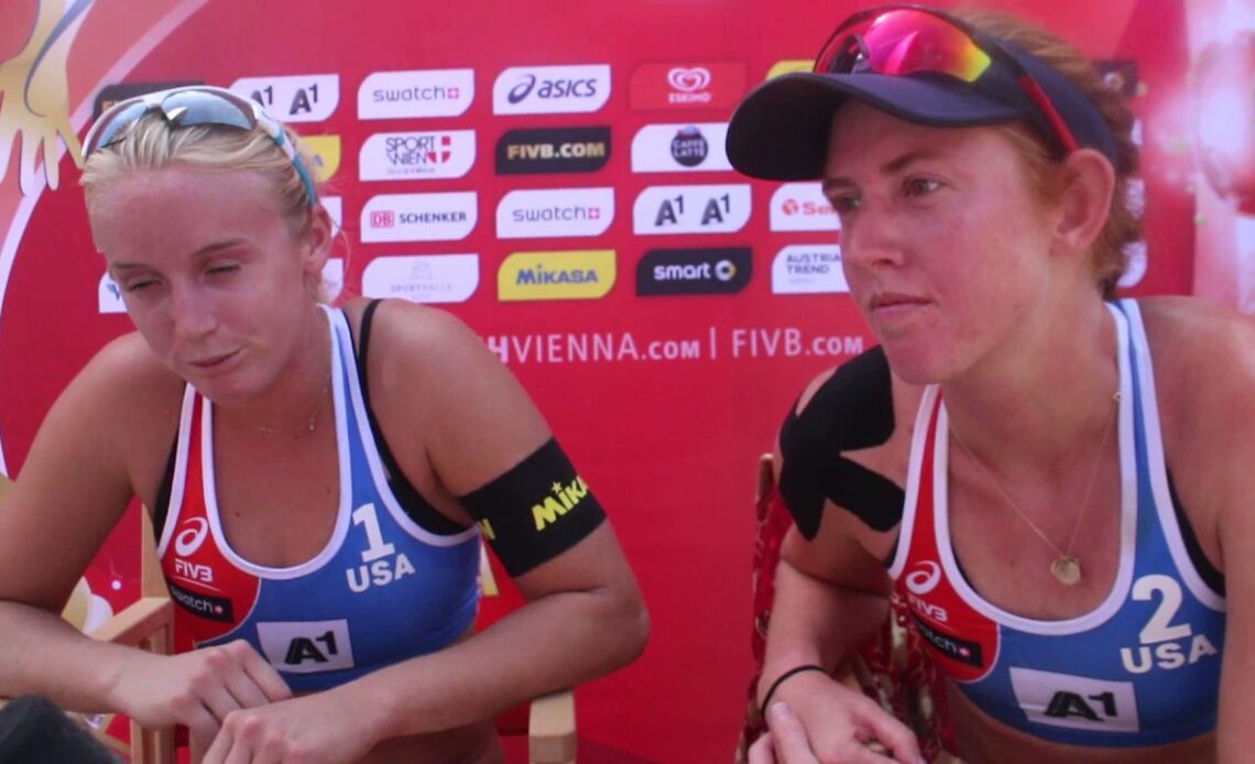 Sara Hughes and Kelly Claes talk about pool play match vs Brazil at 2017 World Champs