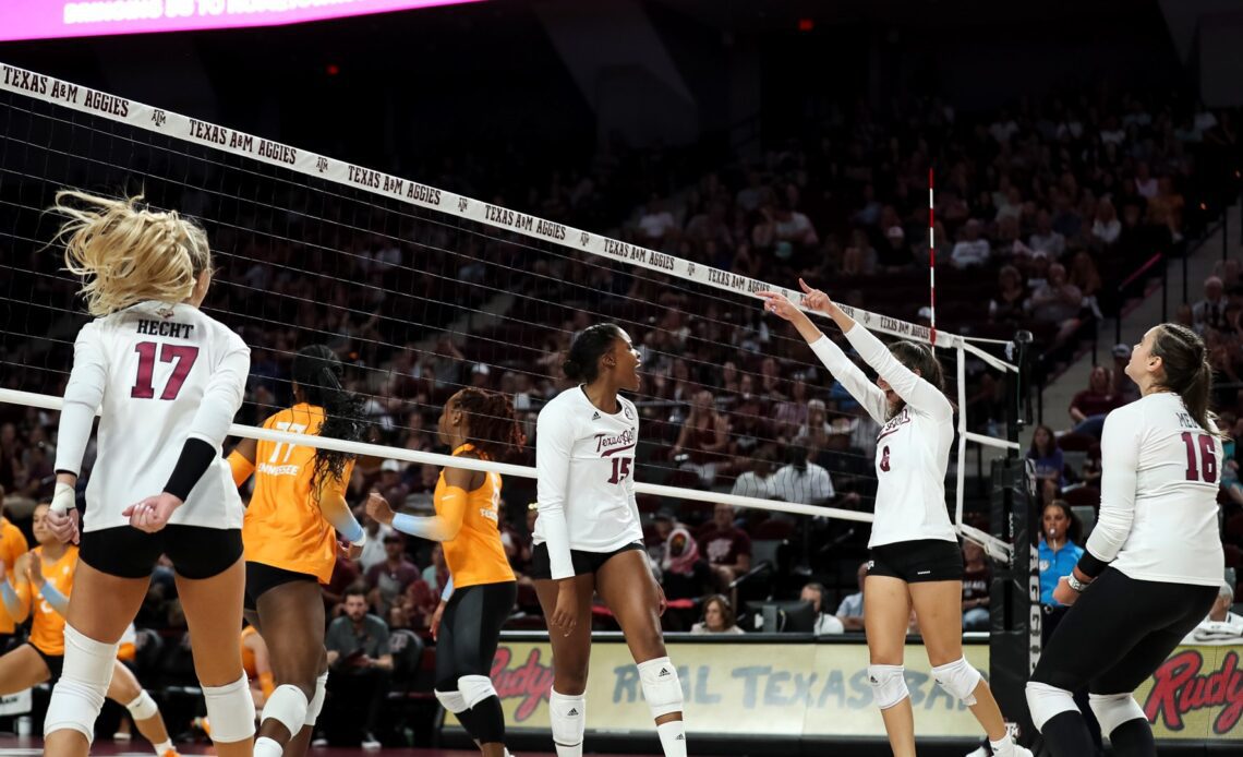 COLLEGE STATION, TX - September 24, 2022 - Middle blocker Madison Bowser #15 of the Texas A&M Aggies during the game between the Tennessee Volunteers and the Texas A&M Aggies at Reed Arena in College Station, TX. Photo By Hayden Carroll/Texas A&M Athletics