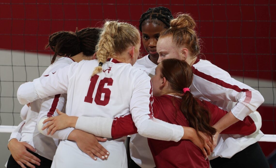 Volleyball team huddle during a match vs. Auburn