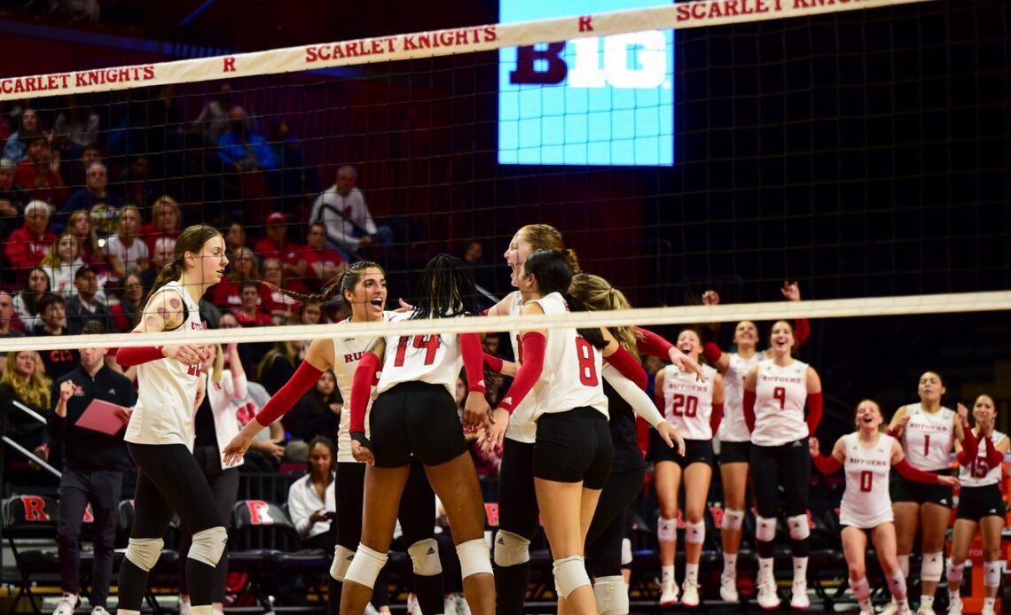 Rutgers volleyball on the court at Jersey Mike's Arena against No. 9 Minnesota