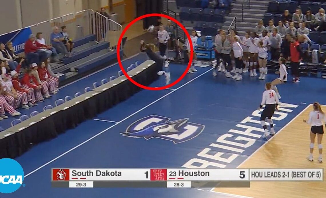 Table-crashing rally save in Houston vs. South Dakota volleyball match