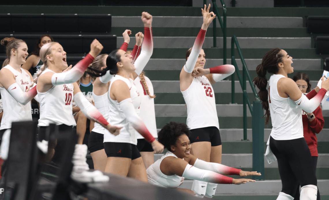 Alabama volleyball bench celebrates vs. Tulane (Sept. 1, 2023)