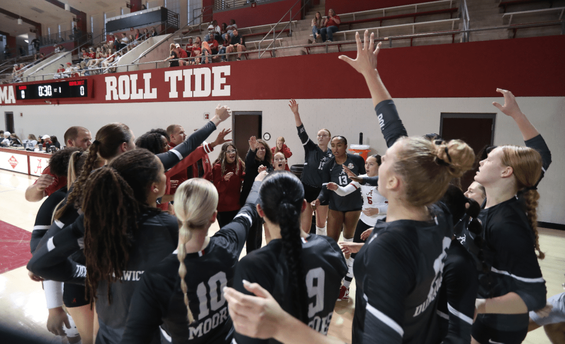 Alabama volleyball team breaks huddle after a timeout vs. Grambling State (Sept. 16, 2023)