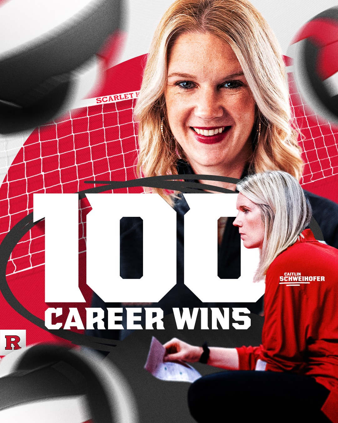 Head coach Caitlin Schweihofer 100th career win graphic