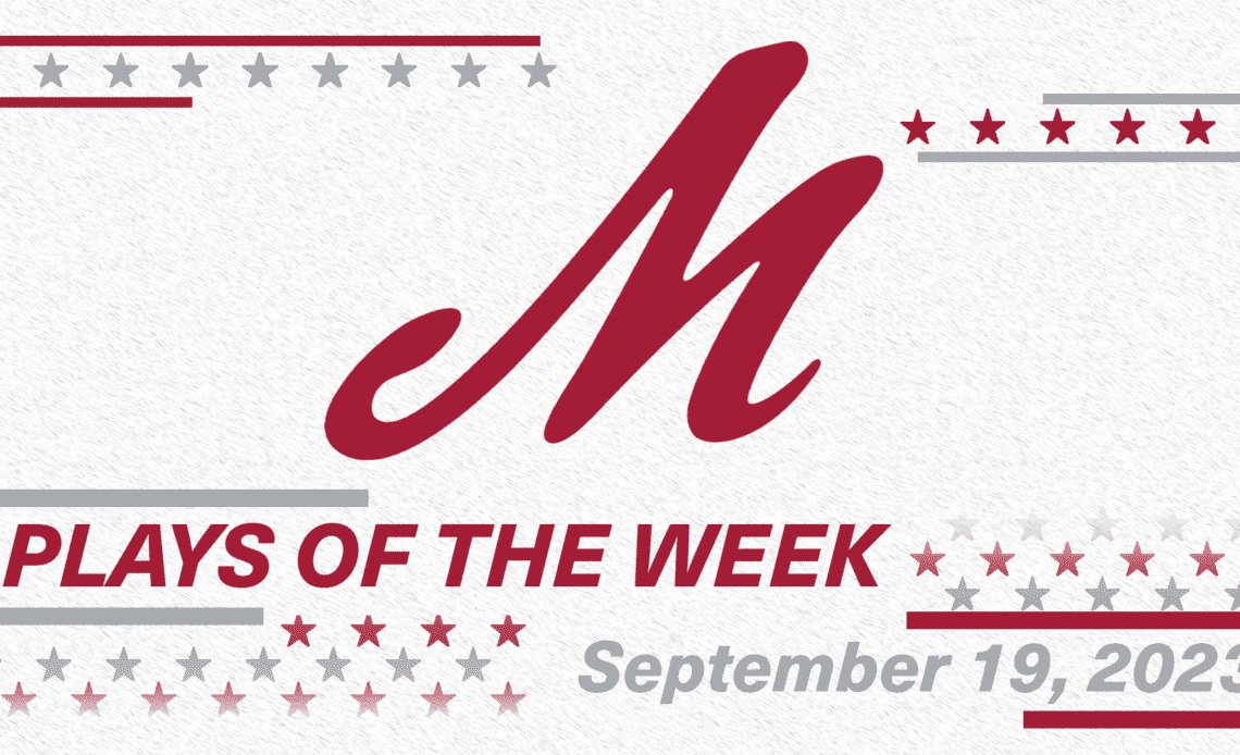 A red M on a white background with the words Plays of the Week and September 19, 2023, along rows of stars