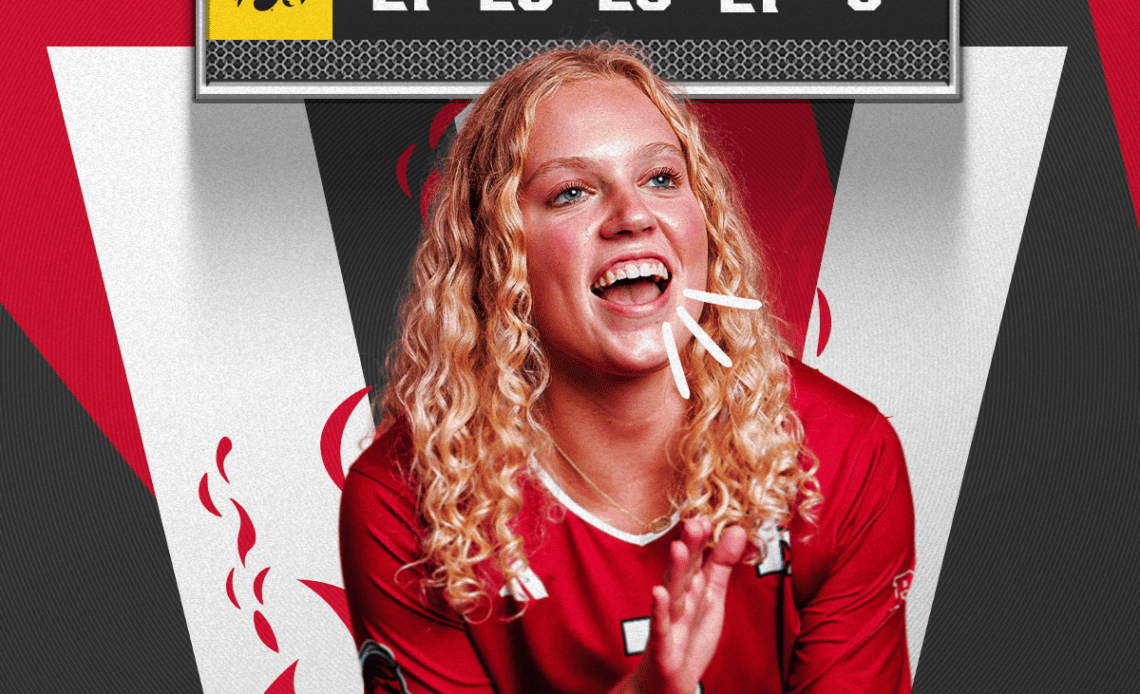 Volleyball Victory at Iowa graphic featuring Kenzie Dyrstad