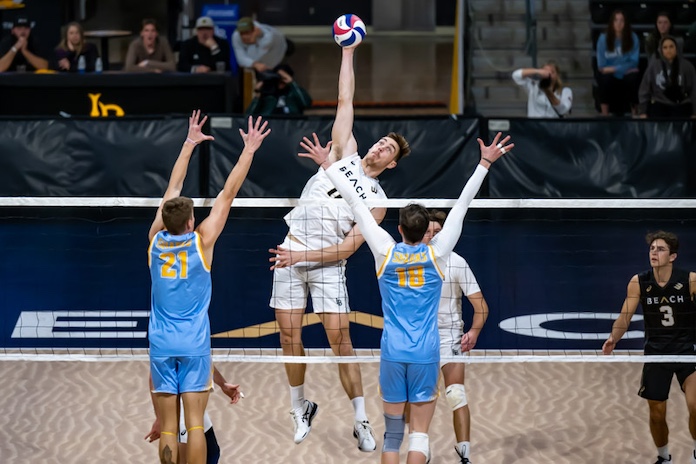Long Beach State and big middle Simon Torwie, hitting against LIU last week, play NCAA men's volleyball at Merrimack in Massachusetts on Wednesday