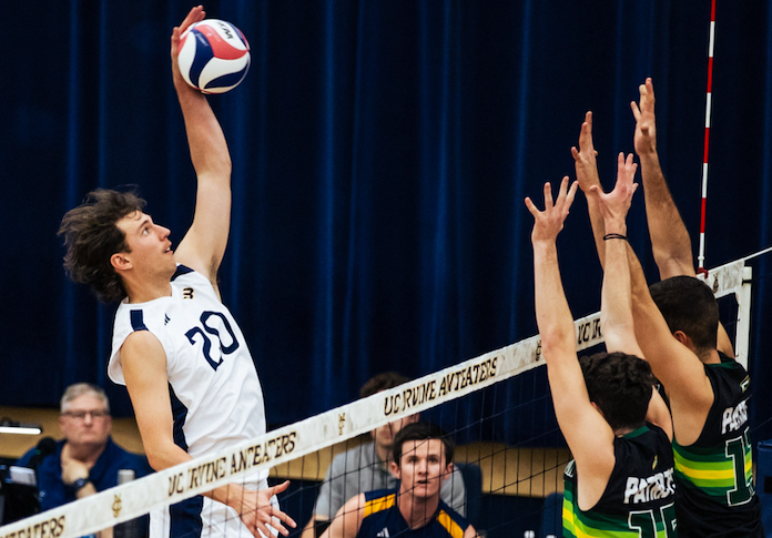Hilir Henno of UC Irvine hits against George Mason in NCAA men's volleyball