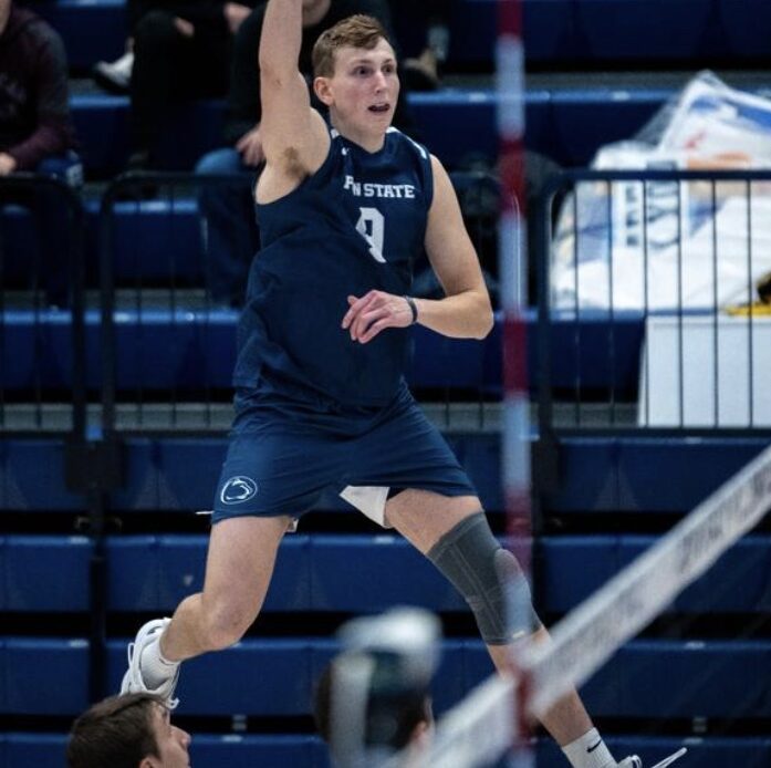 Penn State's John Kerr attacks against Lewis in their NCAA men's volleyball match in State College, Pennsylvania on January 6, 2024
