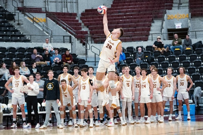 Loyola's Daniel Fabikovic serves against UCLA in NCAA men's volleyball in Chicago on January 11, 2024