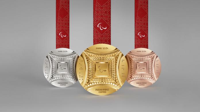 The front side of the gold, silver and bronze medals of the Paris 2024 Paralympics.