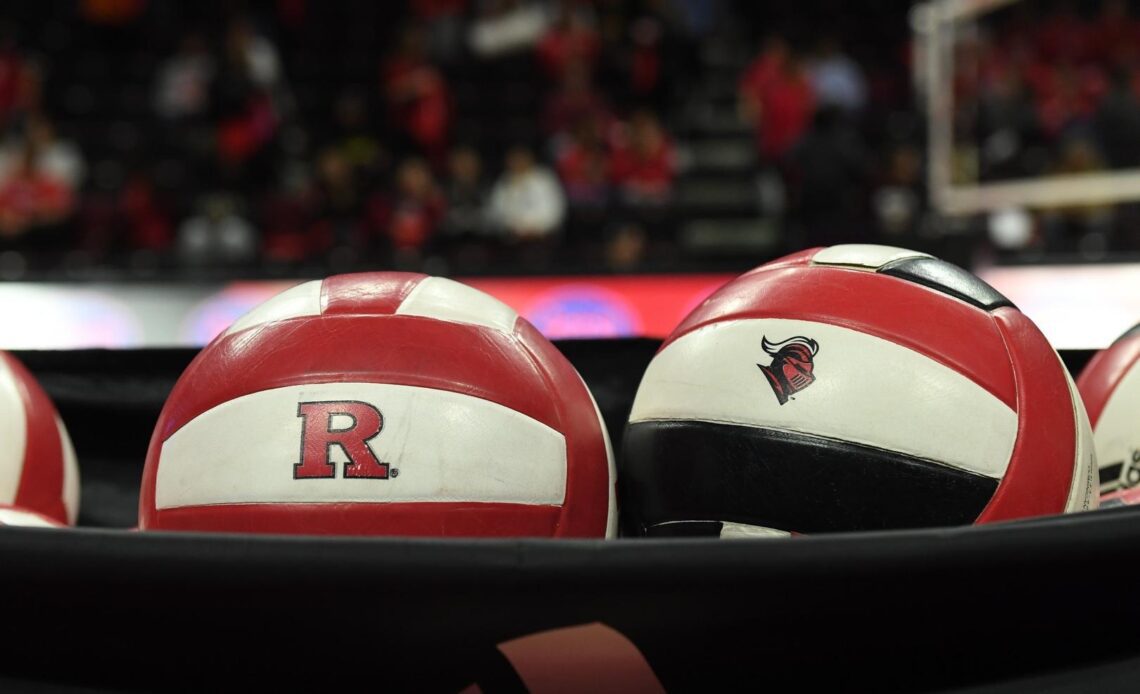 Rutgers volleyball featuring the R logo and Scarlet Knight head logo