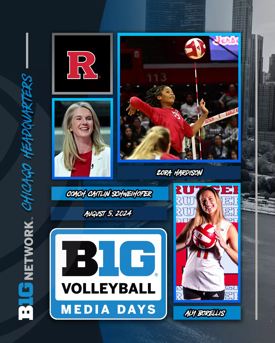 Big Ten Volleyball Media Day Graphic featuring head Caitlin Schweihofer, Zora Hardison and Aly Boreliss