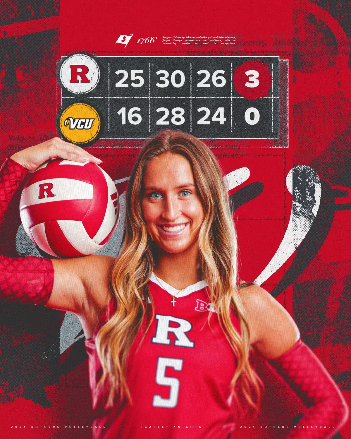 Rutgers Volleyball VCU victory graphic featuring Aly Borellis