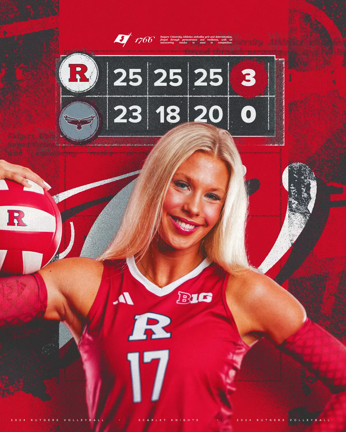 Rutgers Volleyball victory graphic over UMES featuring Avery Jesewitz